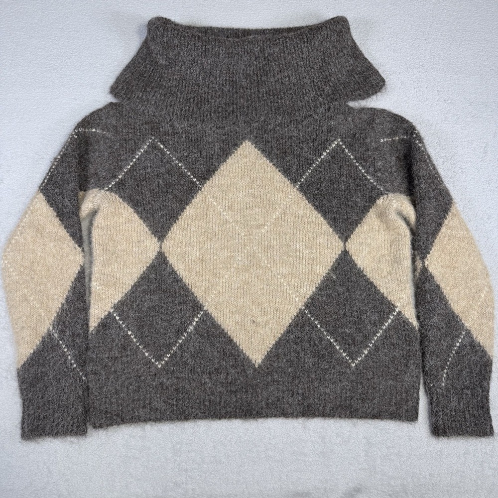 ZARA Women's L Argyle Off Shoulder Wool Blend Sweater Gray Beige Cutout